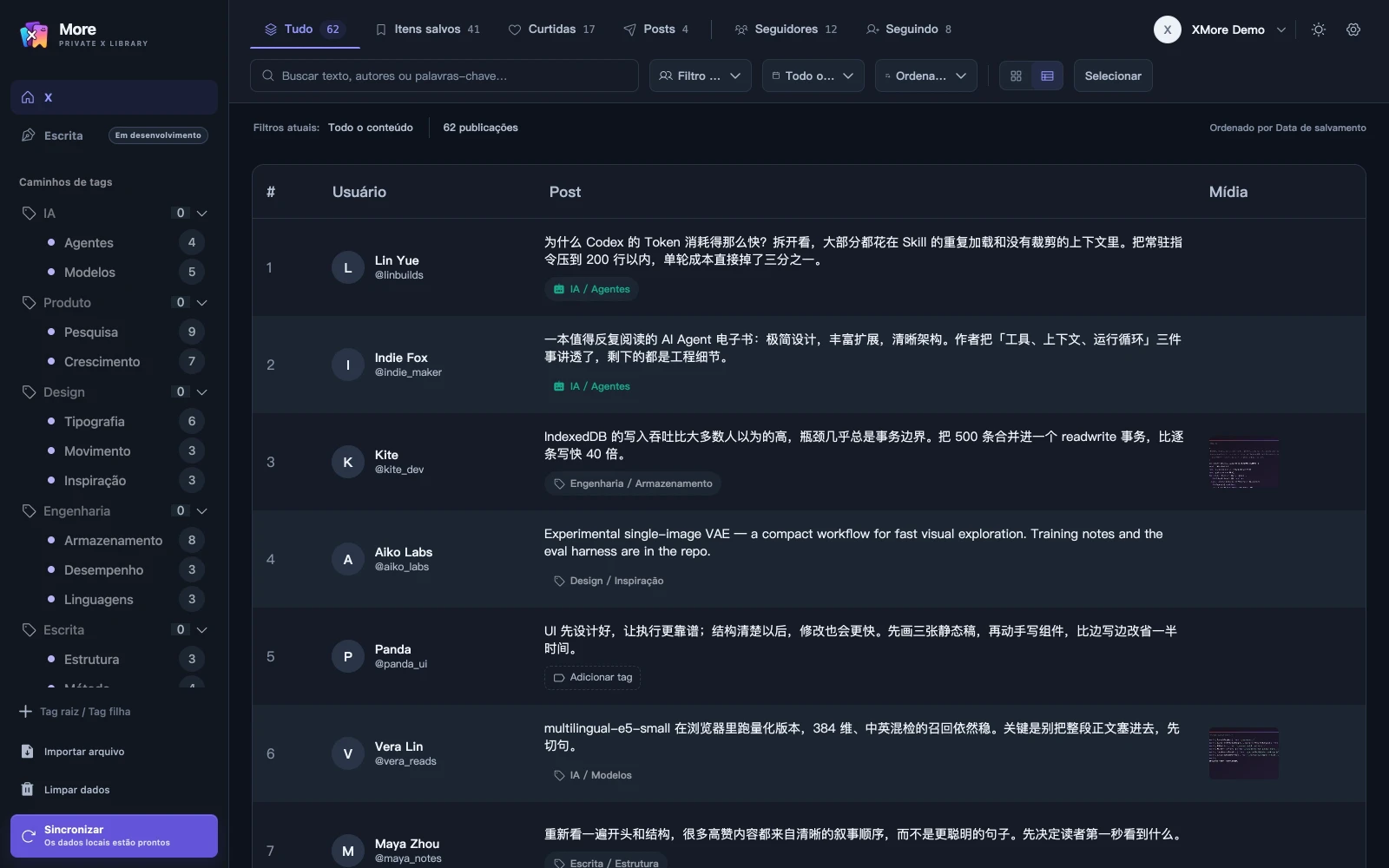 Visualização em tabela de dados do XMore: o mesmo conteúdo local distribuído em colunas de usuário, etiqueta, texto do post e arquivos de mídia